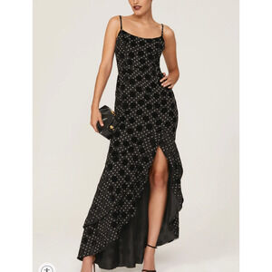 Hutch Black Burnout Velvet Slip Maxi Dress SIZE 0 Polkadot Ruffle Slit Gown $363